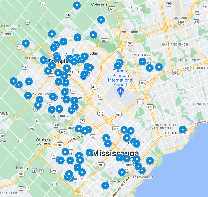 Map showing the geographical distribution of students who attended the event.  There are a lot of dots in Brampton and Mississauga with a few dots outside of Peel.