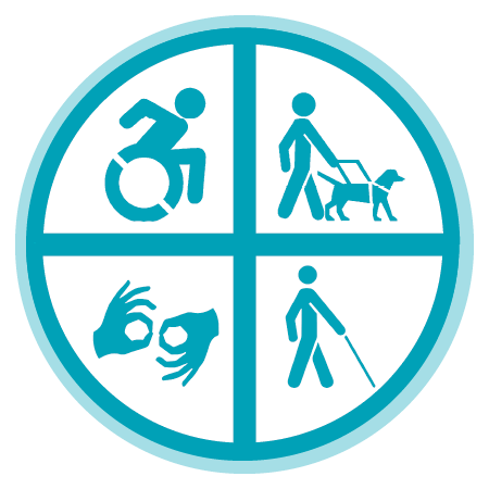 Accessibiility icon showing a wheelchair user, a person with a visual disability using a guide dog, sign language hands, and person using a cane