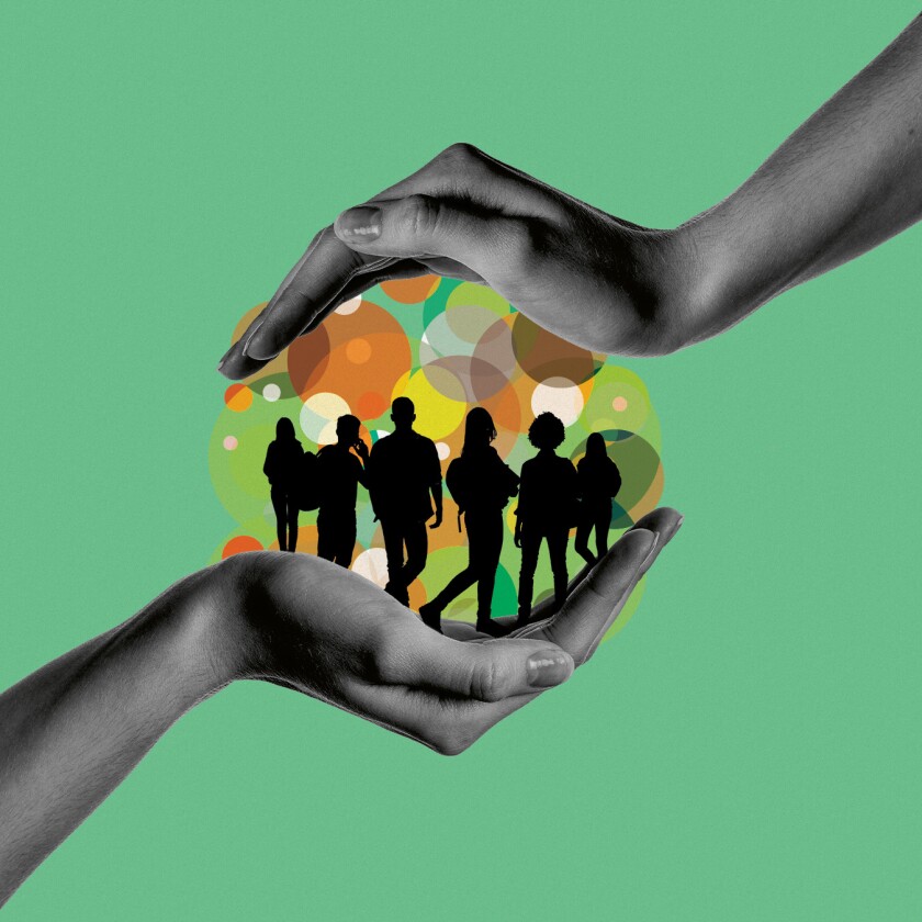 concept image - hands holding and protecting a group of people on a green background.